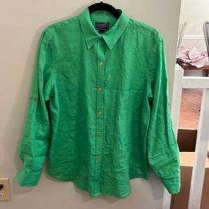Womens Chaps Classics Green Linen long roll up Sleeve Shirt